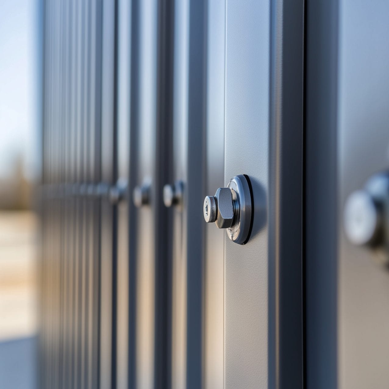 A close-up of fasteners on a metal building. The fasteners are matching the colors of the steel panels, which are metallic.