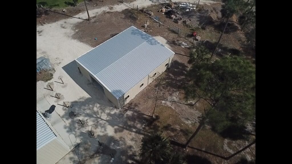 View of the roof of a large multipurpose metal building in Naples, Florida
